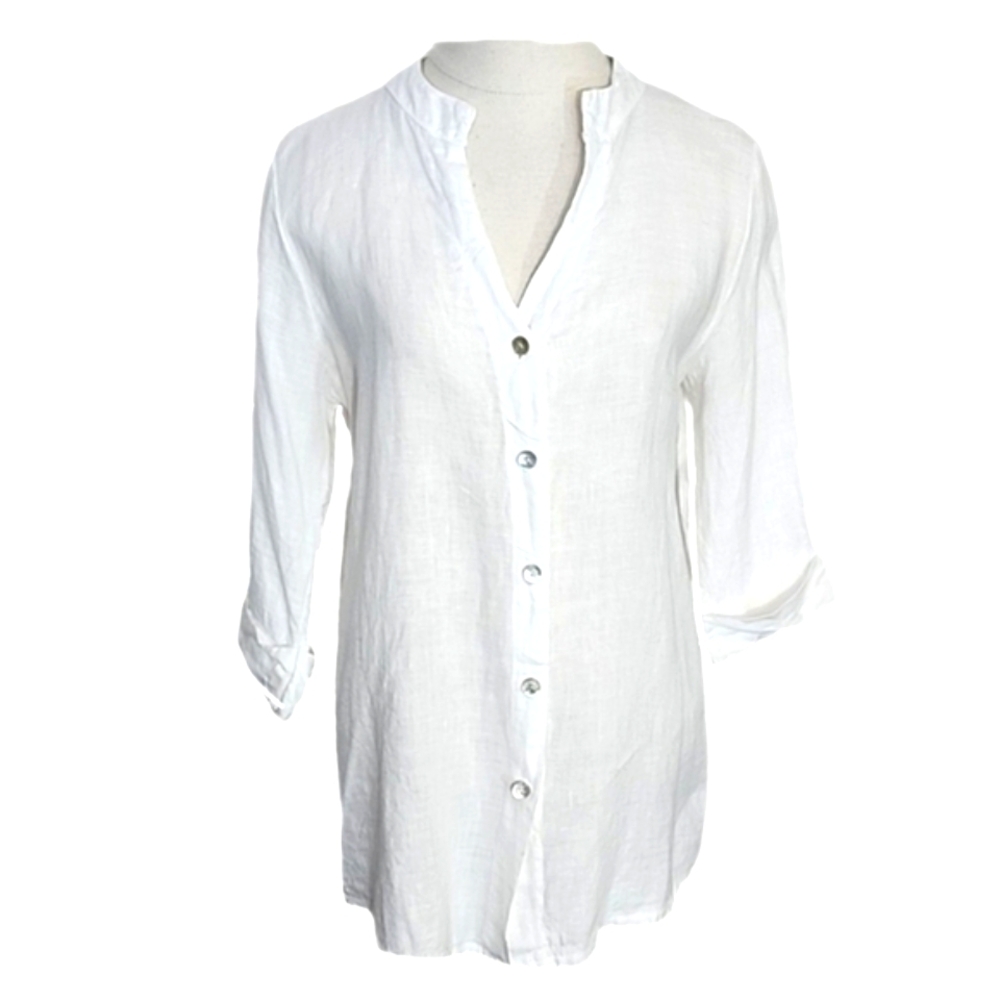 Lungo L'arno Shirt 100% Linen Mother Of Pearl Buttons Long Sleeves White Size L
